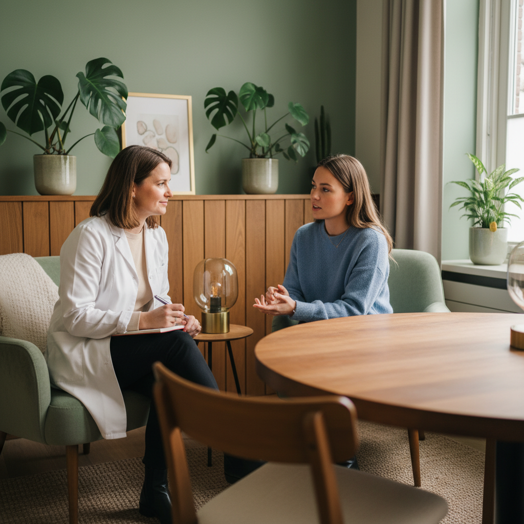 Gynaecoloog luistert naar patient met menstruatieklachten
